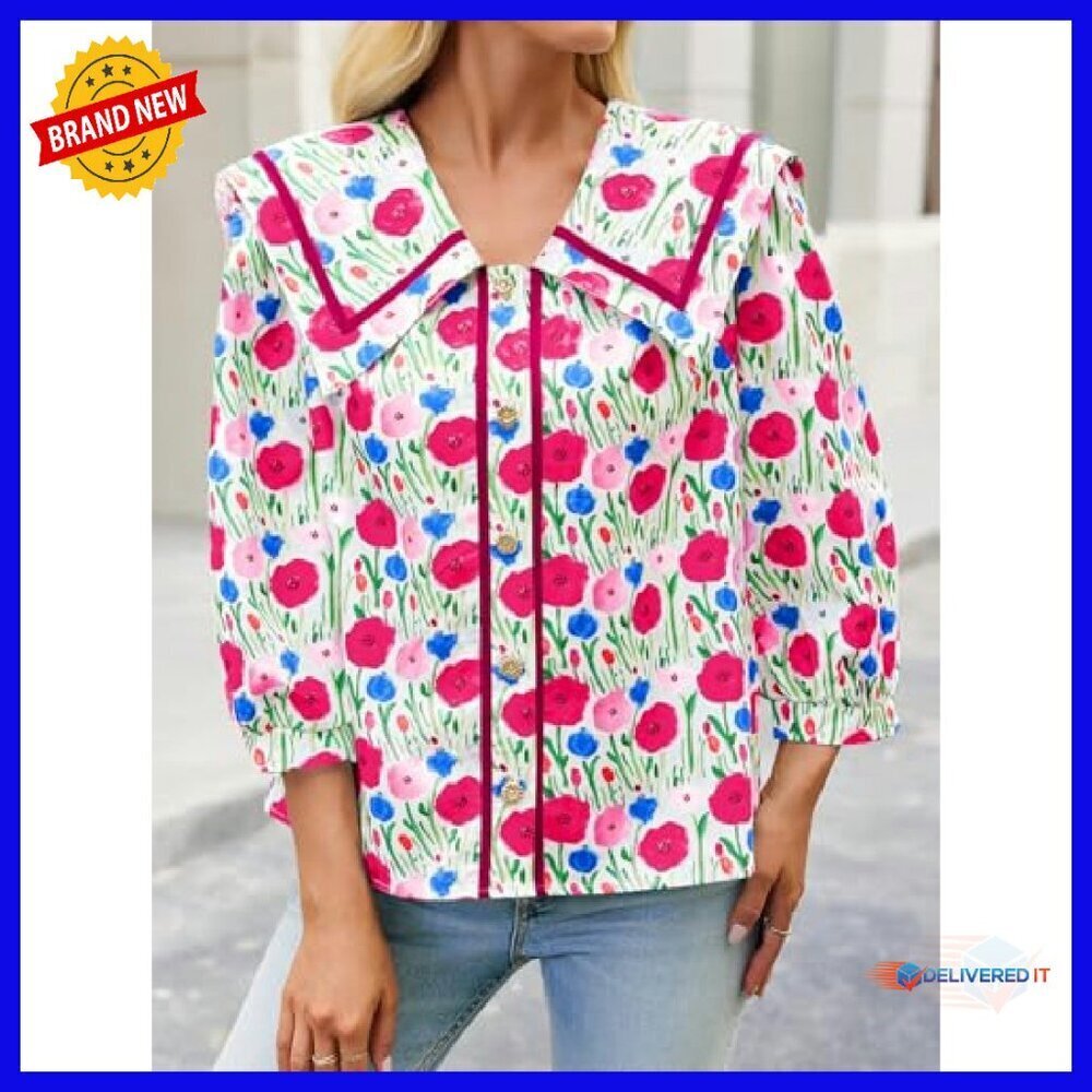 Floral Button Down Blouse 3/4 Sleeve Square Neck Collared Top - Picture 3 of 8
